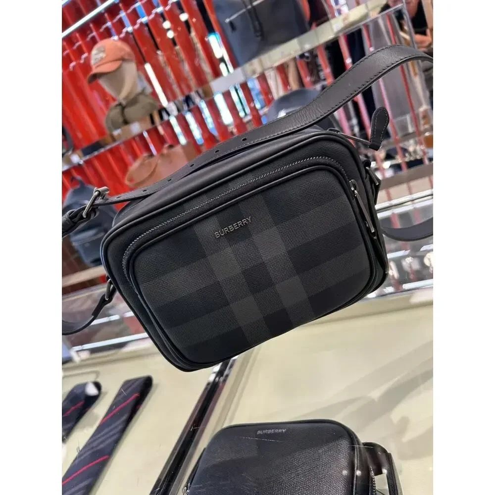 Burberry Black charcoal Check Leather Messenger Bag